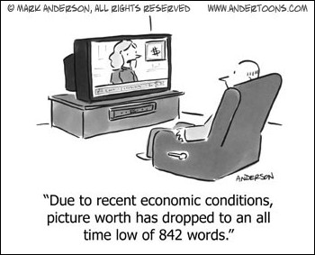 A cartoon relating the value of a picture relative to words