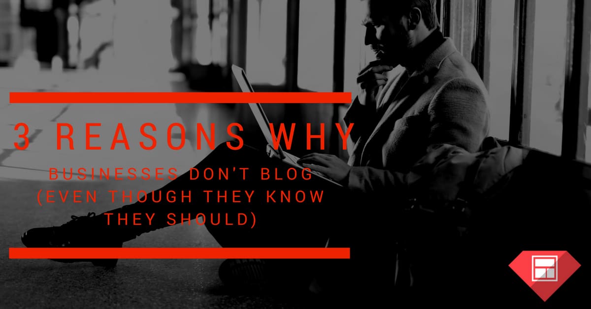 man sitting on floor writing on computer with SuperWebPros Logo and text: “3 Reasons Why Businesses Don’t Blog, Even Though They Know They Should”