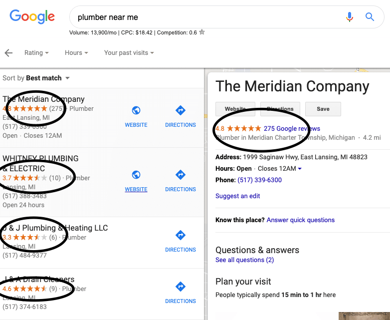 Screenshot of Google Local Profiles with reviews circled
