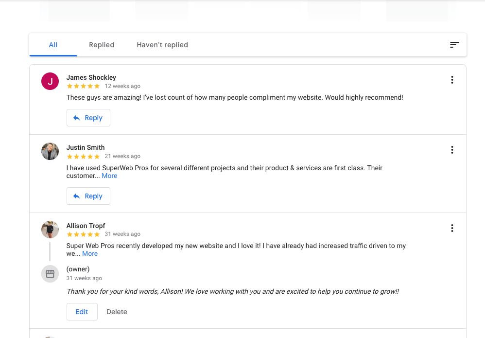 Screenshot with Examples of Google Reviews for SuperWebPros