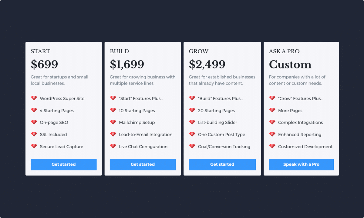 web design process step 1: select a package