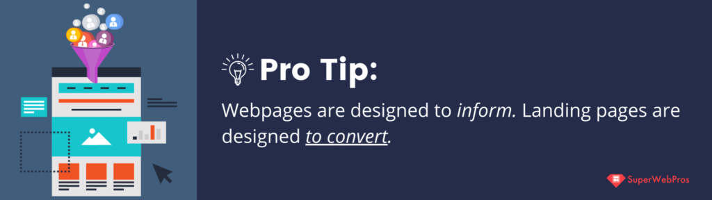 Pro Tip: Webpages are designed to inform. Landing pages are designed to convert. Includes funnel leading to a landing page.